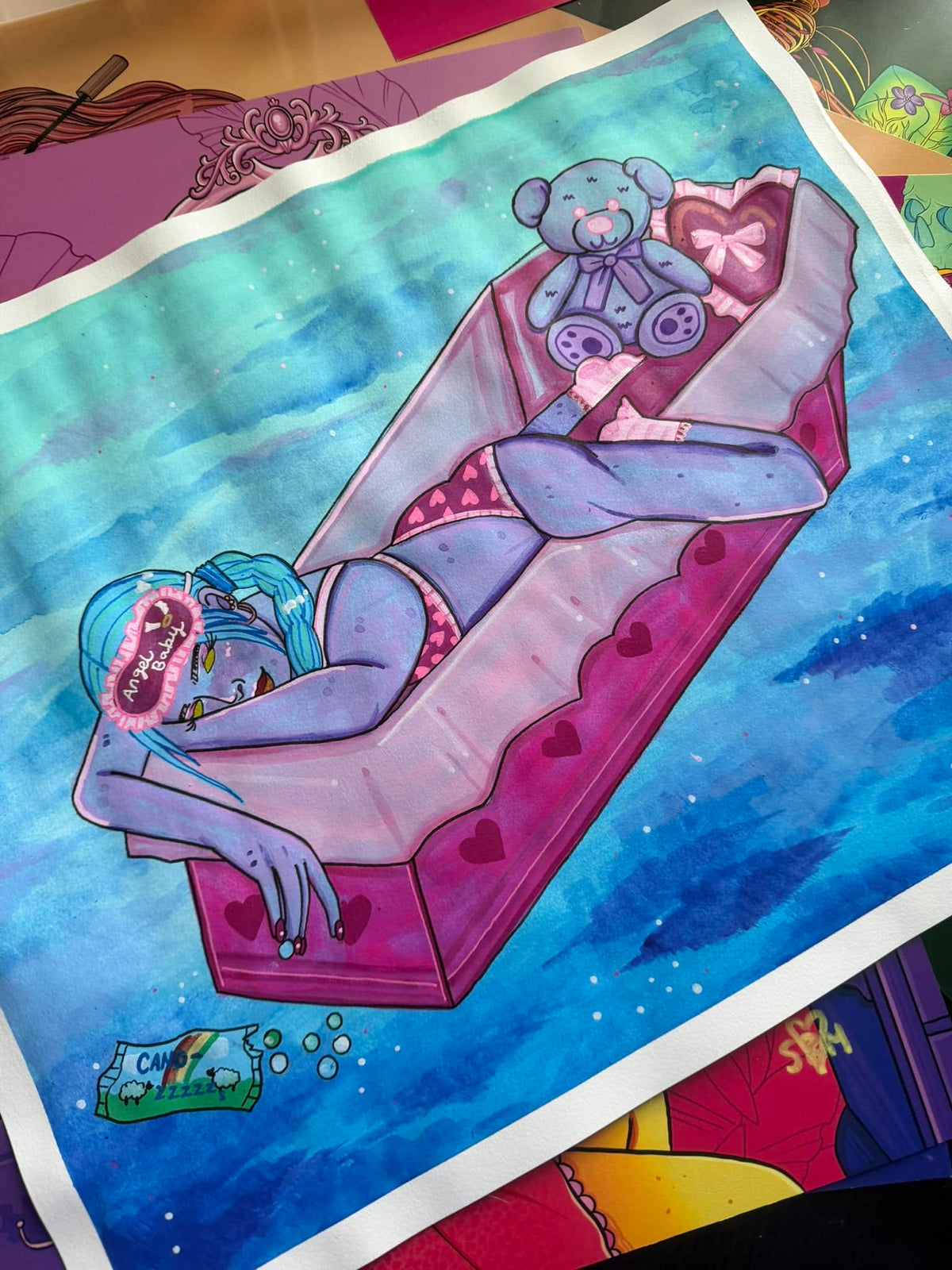 ORIGINAL Framed 14x17 watercolor- "I wanna sleep forever"