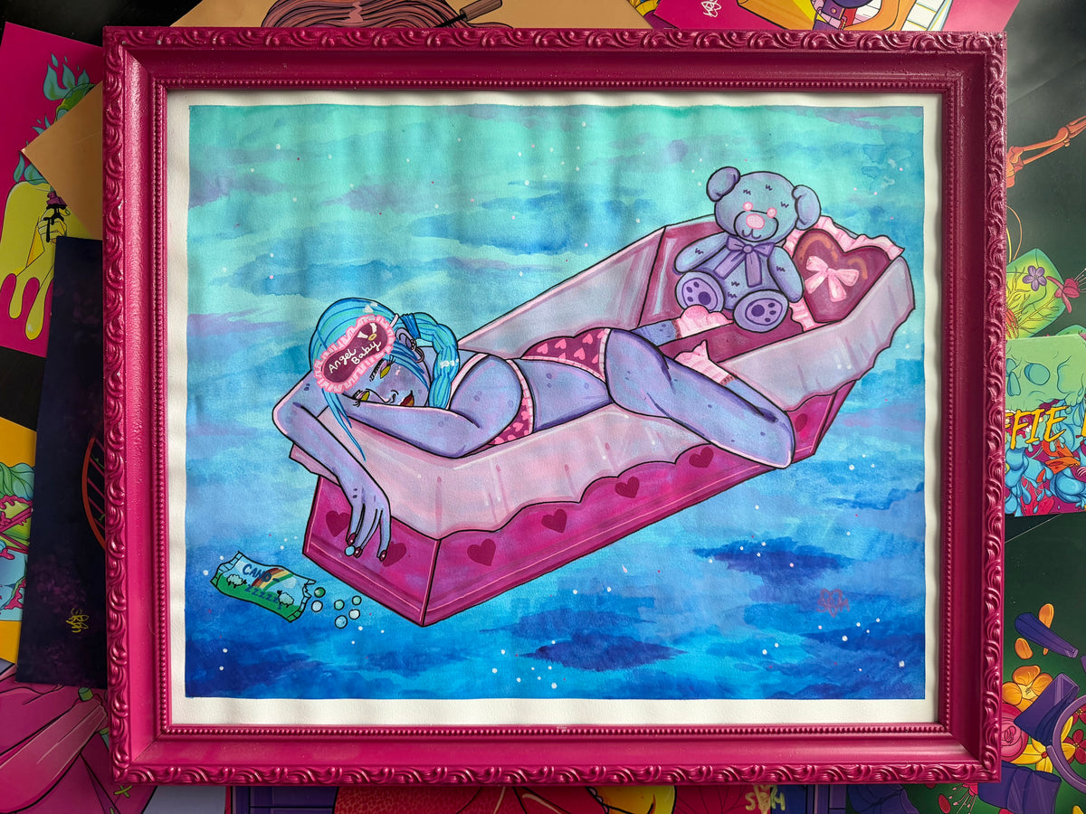 ORIGINAL Framed 14x17 watercolor- "I wanna sleep forever"
