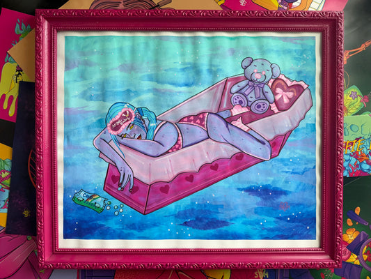 ORIGINAL Framed 14x17 watercolor- "I wanna sleep forever"